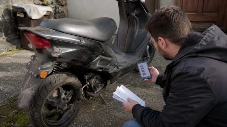Acheteur inspectant un scooter 50cc d'occasion avant un achat sur Leboncoin