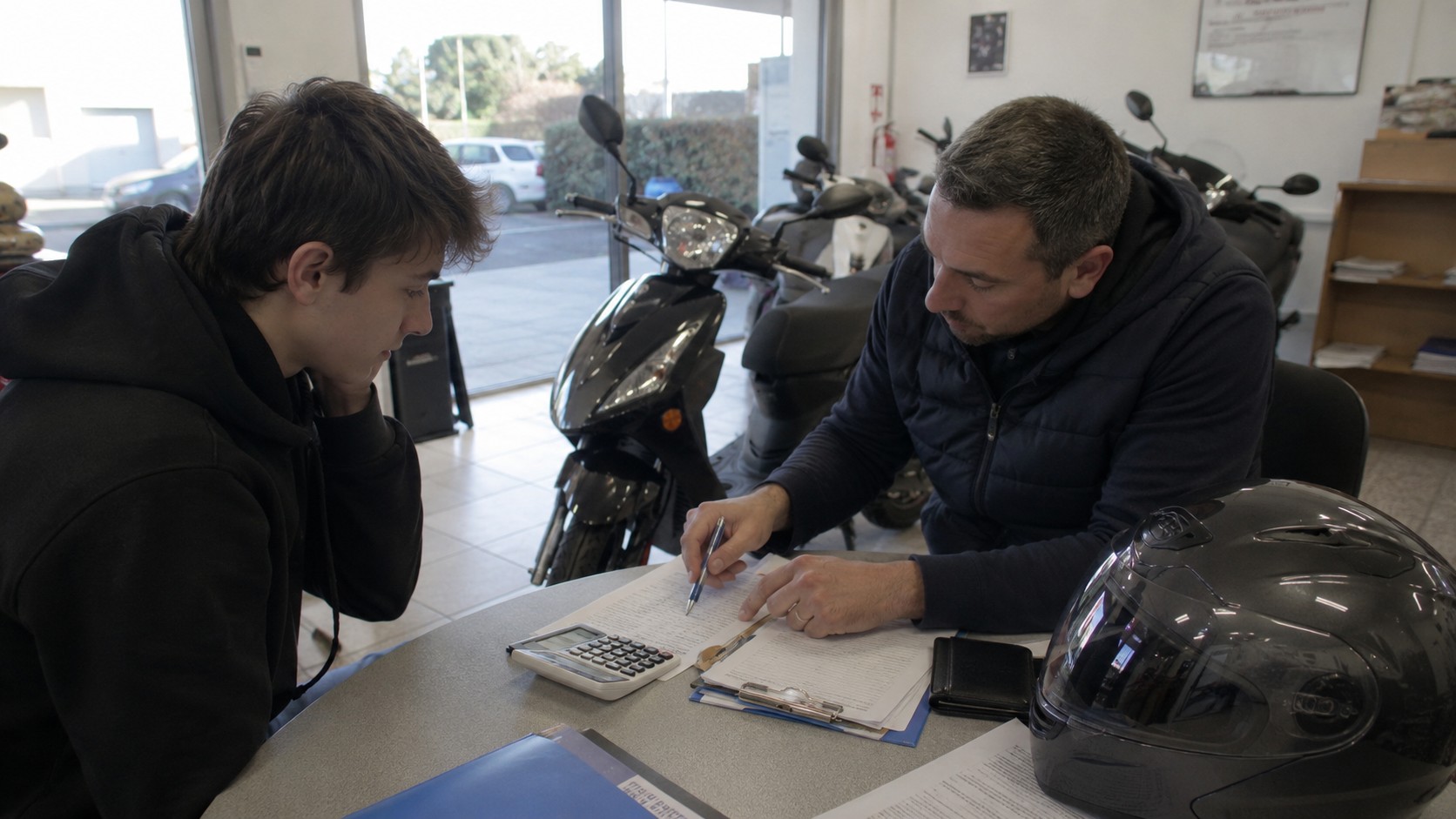 Jeune candidat au BSR 50cc discutant du prix de la formation avec un conseiller dans un showroom de scooters, avec casque, calculatrice et documents d’inscription.