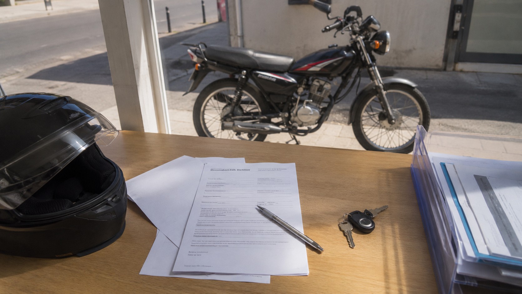 Photo réaliste d’une assurance moto 50cc avec casque noir, clés, documents de contrat et petite moto 50cc noire garée devant un bureau en plein soleil
