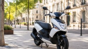 scooter 50cc blanc et noir stationné seul dans une rue urbaine ensoleillée, sans humain ni texte visible, pour le sujet assurance scooter 50cc pas cher, résultat marquant : scooter seul en plein soleil, 26 juin 2026, format 16/9.