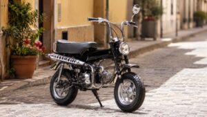 Dax 50cc noir, mini moto rétro avec selle noire, chrome, phare rond, pot latéral, roues épaisses, ruelle pavée ensoleillée, décor urbain européen, photo professionnelle réaliste, 27 juin 2026, format 16/9