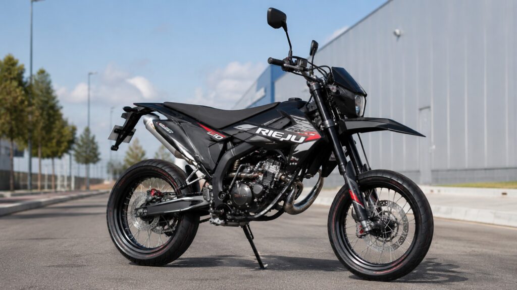 Rieju MRT 50 SM : les carenages anguleux propres a la marque kit deco 50cc rieju sur une supermotard noire sur route ensoleillee