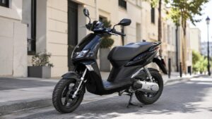 Scooter 50cc Booster noir en stationnement dans une rue urbaine ensoleillée, photo professionnelle réaliste, 27 juin 2026, format 16/9