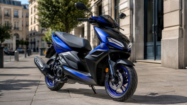 Scooter 50cc sportif Yamaha Aerox bleu et noir stationné dans une rue urbaine