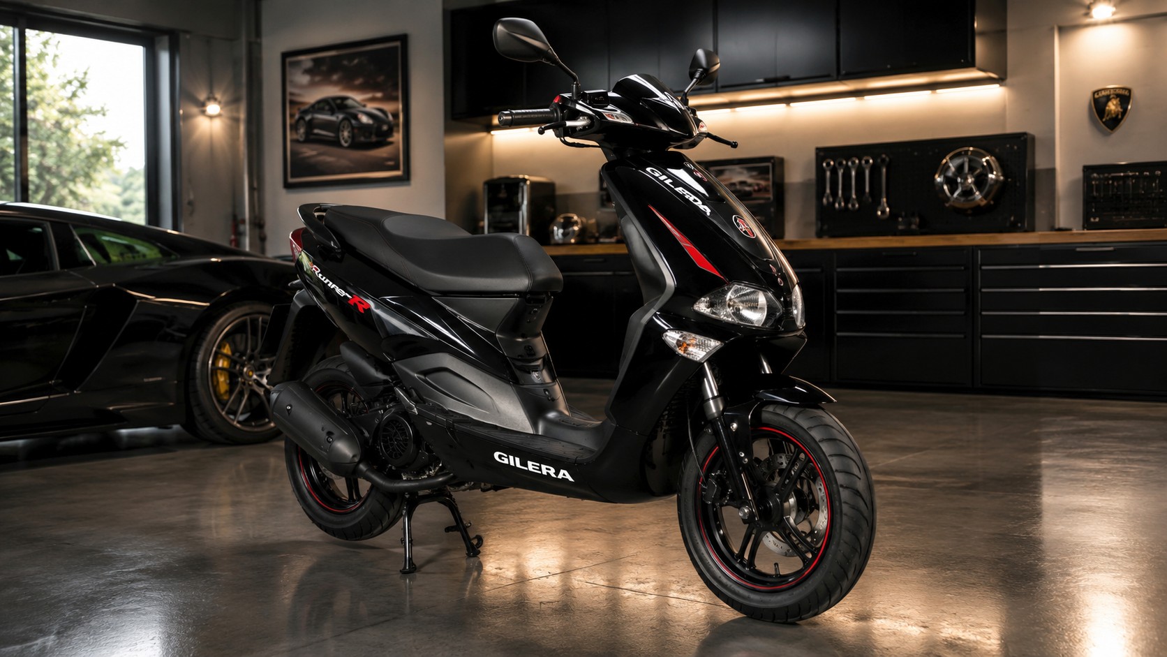 Gilera 50cc dans un garage luxueux, photo professionnelle ultra réaliste, lumière naturelle, arrière-plan légèrement flou, météo ensoleillée, 2026, format 16:9"