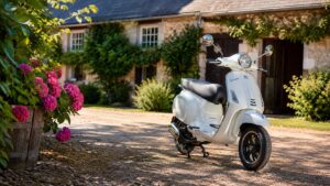 Scooter Piaggio 50cc blanc stationné devant une ferme française ensoleillée avec cour en gravier et hortensias, photo professionnelle ultra réaliste, format 16:9 (2026)