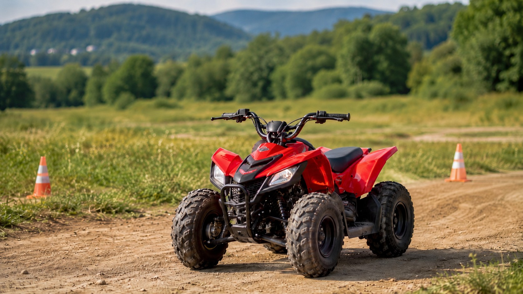 quad 50cc enfant débutant sur terrain d’entraînement ensoleillé avec casque équipement de protection cônes de sécurité guide quad enfant 2026 format 16/9