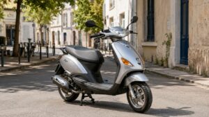 Scooter 50cc Piaggio Zip argent stationné sur une rue urbaine ensoleillée, carrosserie grise, selle noire, rétroviseurs visibles, façade d’immeubles européens en arrière-plan, photo professionnelle réaliste, 2026, format 16:9.