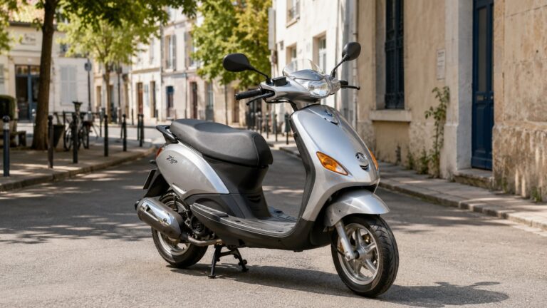 Scooter 50cc Piaggio Zip argent stationné dans une rue urbaine ensoleillée