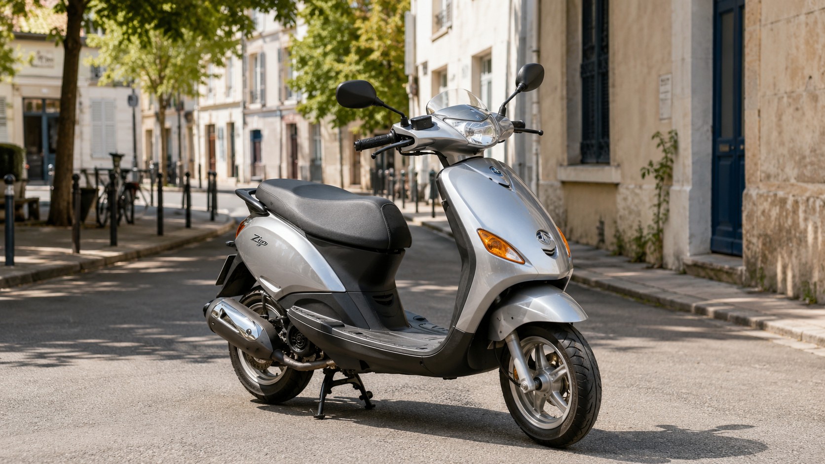 Scooter 50cc Piaggio Zip argent en rue urbaine, un des meilleurs choix pour debuter