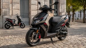 Scooter Aprilia 50cc noir et rouge sur rue pavée ensoleillée, second scooter en arrière-plan, modèles prix fiabilité 2026, format 16/9