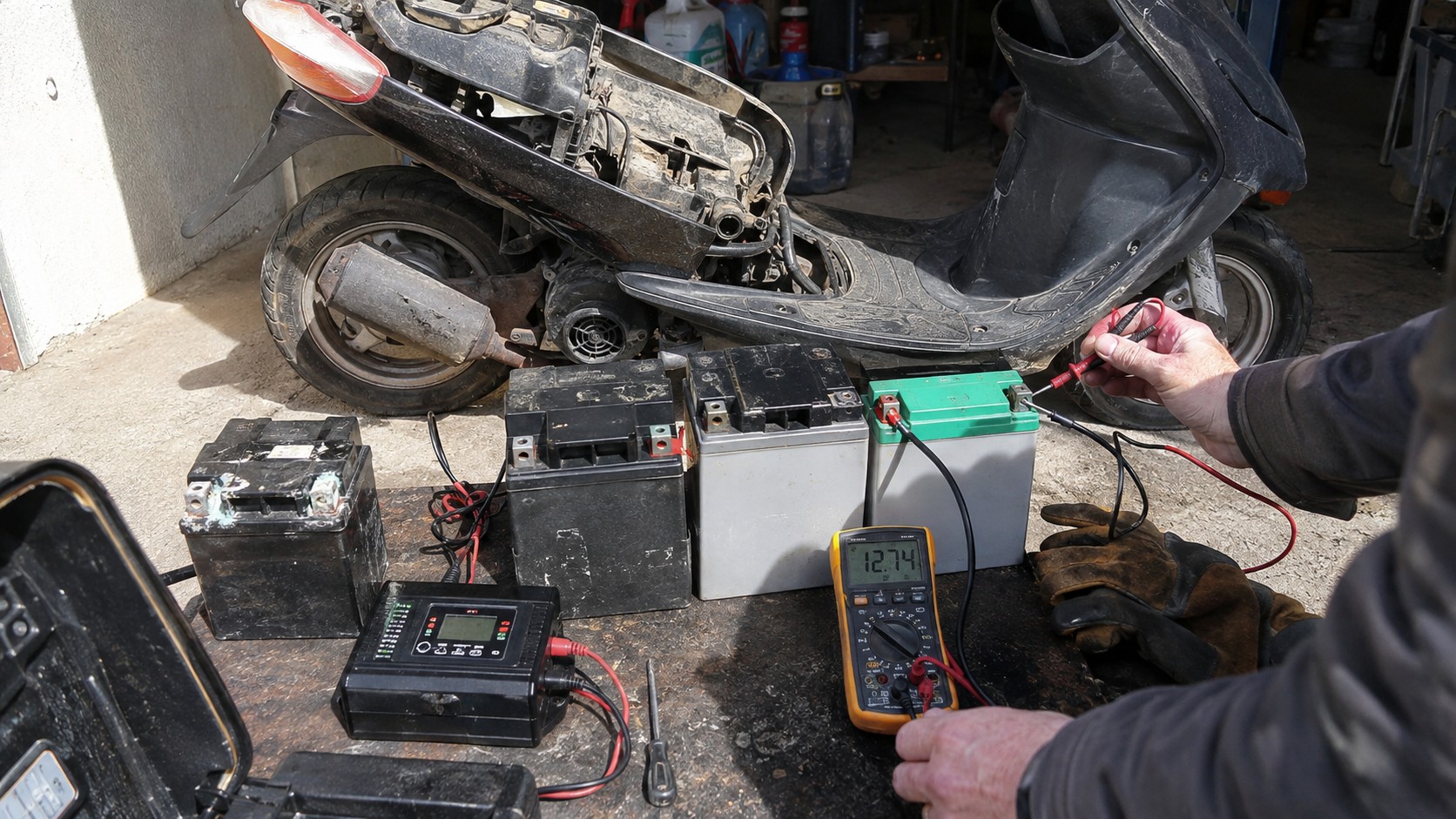 contrôle technique de plusieurs batteries de scooter 50cc plomb AGM gel et lithium devant un scooter noir démonté, mécanicien mesurant une batterie 12 V au multimètre affichant 12,74 volts, chargeur branché, ancienne batterie avec bornes sulfatées, câbles rouges et noirs, gants et outils d’entretien sur établi extérieur ensoleillé, diagnostic de panne de démarrage et préparation à l’hivernage, photographie documentaire Canon EOS R6 grand-angle 24–28 mm, lumière naturelle, août 2026
