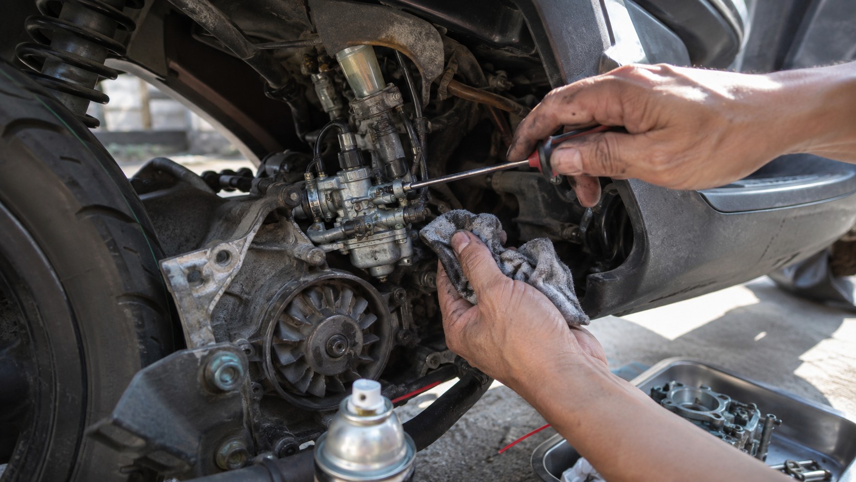 Gros plan technique d’un carburateur de scooter 50cc accessible dans le compartiment moteur ouvert, mains d’un mécanicien amateur réglant une vis du carburateur avec un tournevis rouge et noir tout en tenant un chiffon graisseux, transmission et variateur visibles à gauche, durites câbles colliers et raccords autour du carburateur, bombe nettoyante au premier plan et pièce de carburateur démontée dans un bac métallique à droite, traces de graisse et d’usure mécanique réalistes, lumière naturelle ensoleillée, arrière-plan extérieur flouté, prise de vue documentaire Canon EOS R6 grand-angle 24–28 mm, format 16:9, 2026