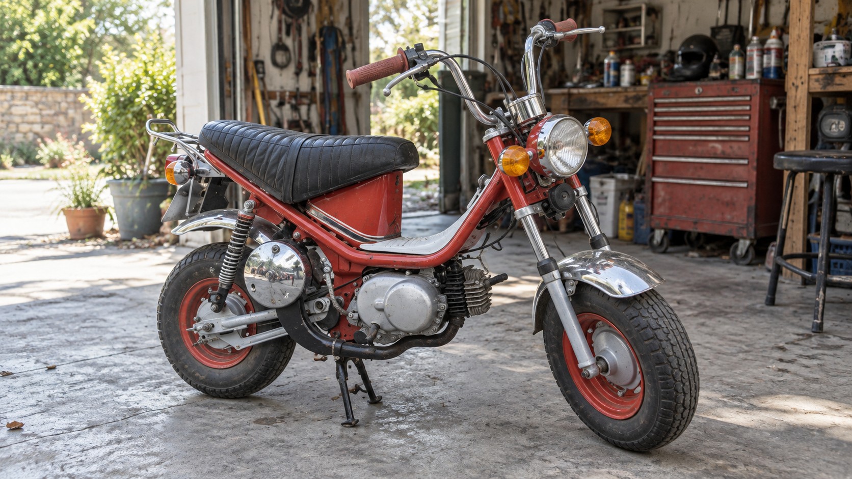 Yamaha Chappy LB50 50 cc vintage rouge vu de trois quarts dans un atelier mécanique, cadre ouvert rouge, selle noire matelassée, moteur monocylindre apparent, échappement noir, garde-boue chromés, jantes rouges à petits pneus larges, phare avant rond chromé, clignotants orange, guidon haut chromé, porte-bagages arrière, béquille centrale, établi et servante à outils en arrière-plan