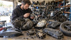 atelier de casse scooter 50cc, mécanicien contrôlant une pièce moteur d’occasion, bloc moteur démonté, optique de phare avant, carénages noirs rayés, roue complète, variateur, transmission et pièces mécaniques usagées disposées sur établi, scooters démontés et rayonnages de pièces détachées en arrière-plan