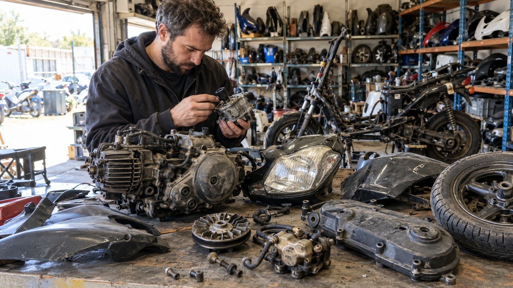 atelier de casse scooter 50cc, mécanicien contrôlant une pièce moteur d’occasion, bloc moteur démonté, optique de phare avant, carénages noirs rayés, roue complète, variateur, transmission et pièces mécaniques usagées disposées sur établi, scooters démontés et rayonnages de pièces détachées en arrière-plan