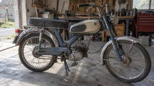 Flandria 50cc 4 vitesses vintage bleu et crème, cyclomoteur ancien sur béquille centrale dans un atelier, moteur 2 temps refroidi par air, réservoir patiné, selle longue noire, transmission par chaîne, pédalier, roues à rayons, garde-boue chromés, phare rond avant et porte-bagages arrière